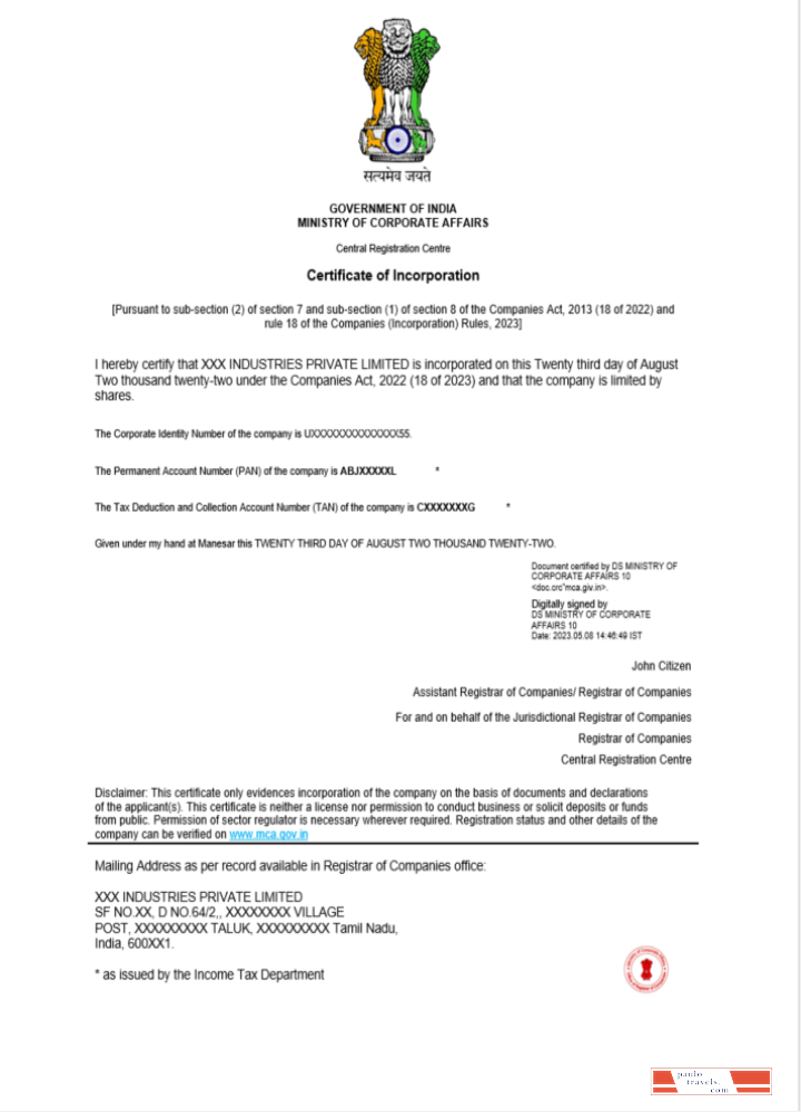 India certificate of incorporation registration Word and PDF template, version 2